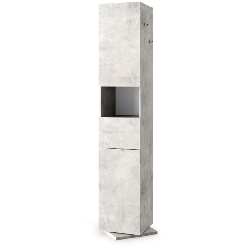 foto del prodotto meublorama colonna da bagno girevole con specchio, 2 porte e 1 cassetto, collezione bura. colore grigio effetto cemento.