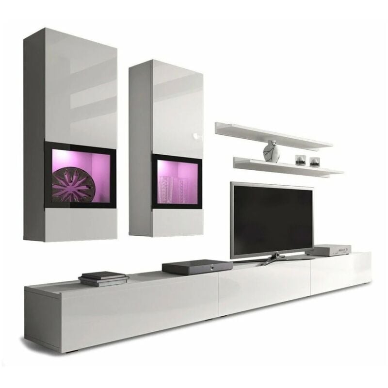 foto del prodotto meublorama composizione murale ramos color bianco lucido led multicolori, mobile tv xl, vetrine e scaffali
