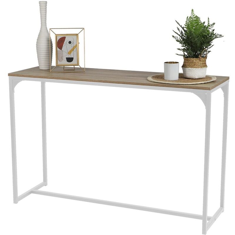 foto del prodotto meublorama consolle stile industriale collezione pueblo. color rovere, struttura robusta in metallo bianco.