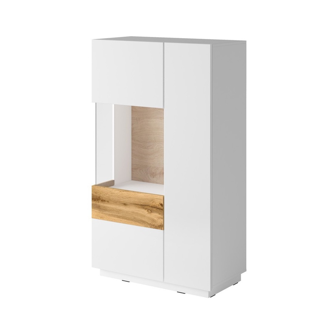 foto del prodotto meublorama credenza alta con led collezione kiles a due porte. colori bianco e rovere. porta a vetro sulla sinistra.