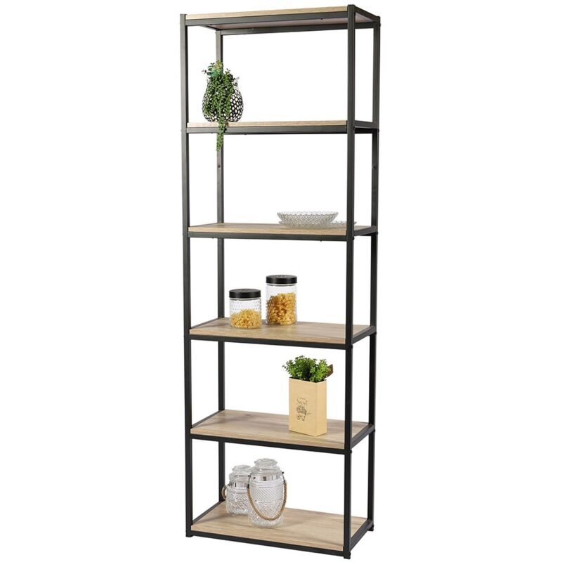 foto del prodotto meublorama libreria a 6 livelli collezione ranong stile industriale, colore rovere e nero