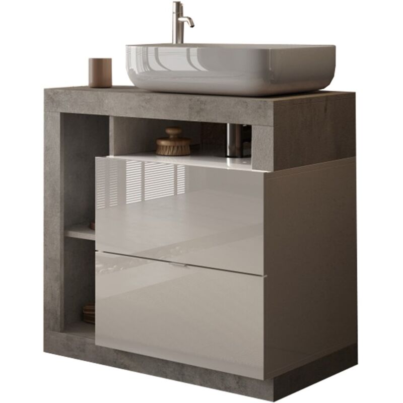 foto del prodotto meublorama mobile da bagno bura 79 cm bianco lucido e cemento lavabo incluso 2 cassetti