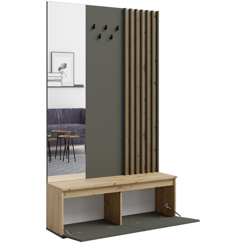foto del prodotto meublorama mobile da ingresso con appendiabiti e specchio 120 cm rovere chiaro e grigio antracite collezione nemo