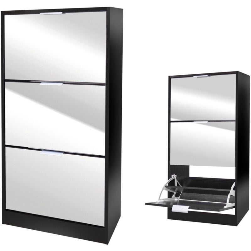 foto del prodotto meublorama - mobile per scarpe stile design - colore nero con facciata a specchio - 60x24x116 cm - collezione reflexio