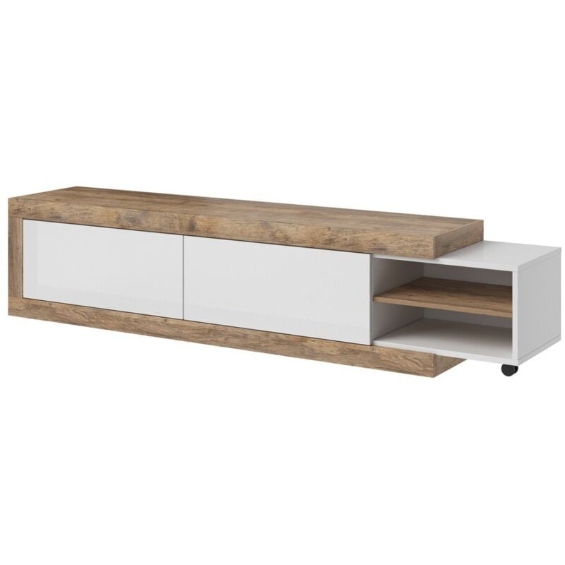 foto del prodotto meublorama mobile tv estensibile da 200 a 240 cm di colore rovere e bianco lucido, collezione sinatra.