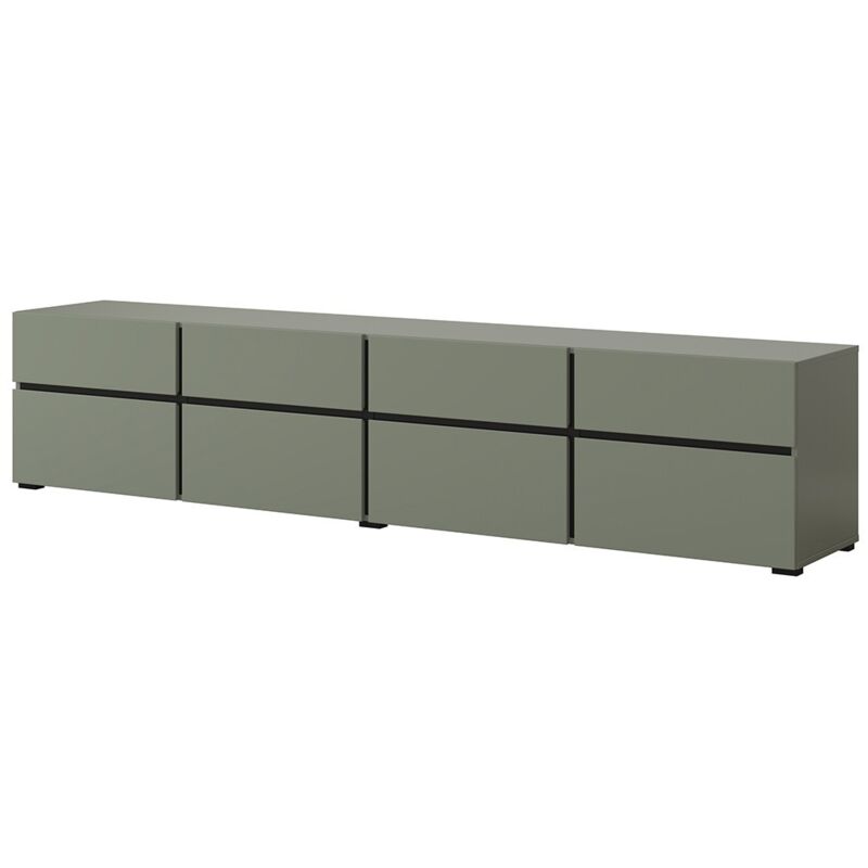 foto del prodotto meublorama mobile tv xl colore verde salvia e nero 225cm collezione havana. mobile design con 4 porte e 4 cassetti.