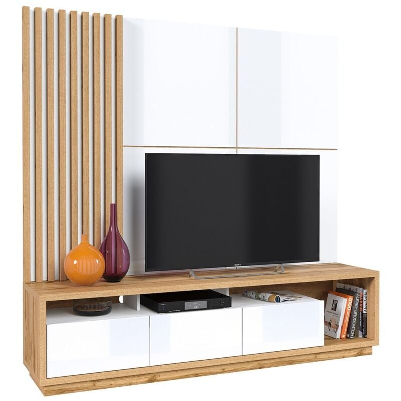 foto del prodotto meublorama - mobile tv xl con pannello decorativo da parete collezione clara. colore rovere e bianco lucido.