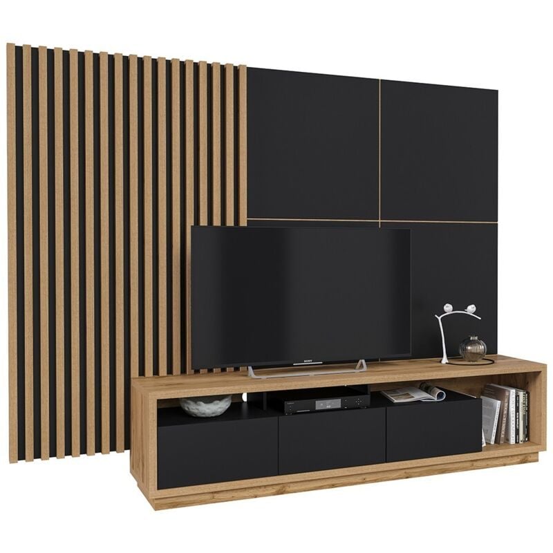 foto del prodotto meublorama mobile tv xl con pannello decorativo da parete xl collezione clara. colore rovere e nero opaco.