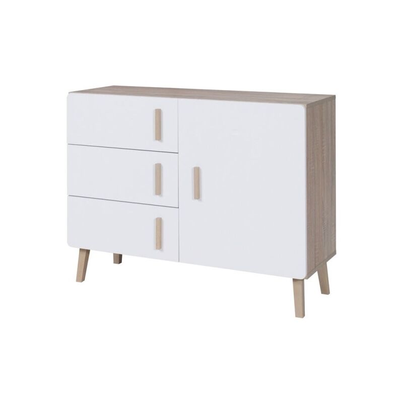 foto del prodotto meublorama piccolo buffet oslo stile scandinavo colori quercia e bianco 100 x 78 x 40 cm