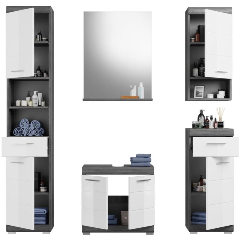 foto del prodotto meublorama set bagno scott mobile sotto lavabo, specchio, colonna e 2 mezze colonne grigio scuro e bianco