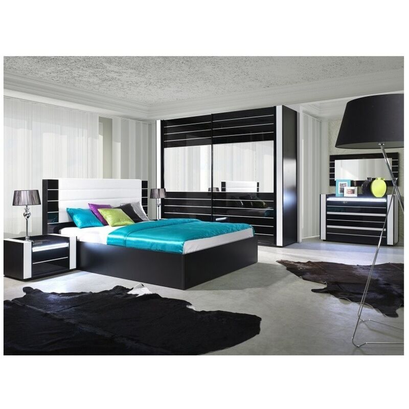 foto del prodotto meublorama set da camera da letto lina nero. letto contenitore 180x200 2 comodini con led cassettiera con led