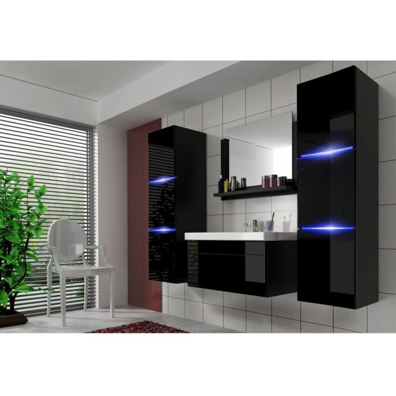 foto del prodotto meublorama set di mobili da bagno collezione raven, colore nero opaco e lucido, con specchio.