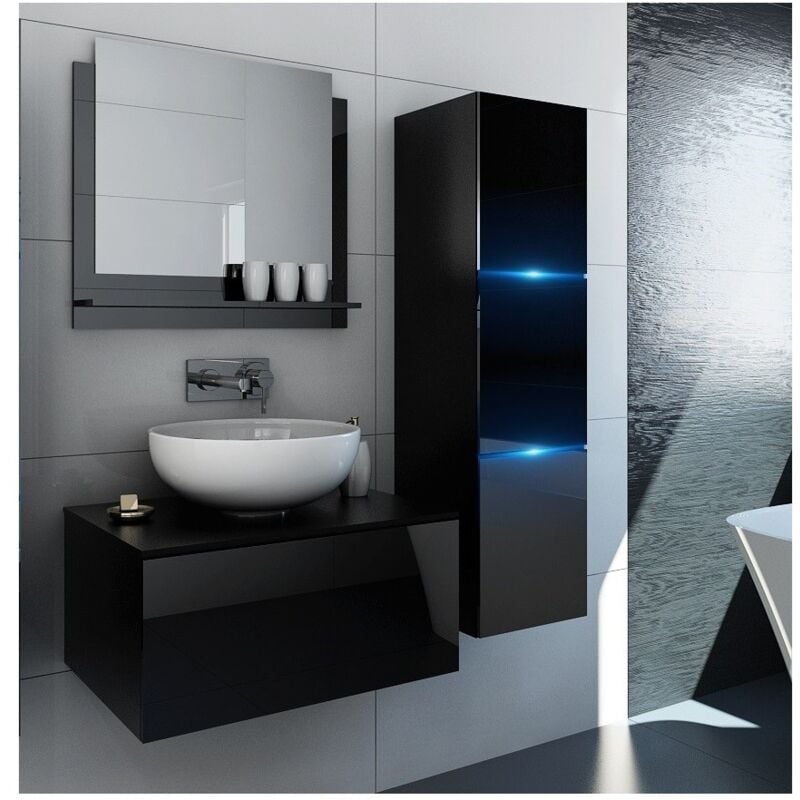 foto del prodotto meublorama set di mobili da bagno neri collezione owl. colonna, mobile sotto lavabo, specchio, sifone e led.