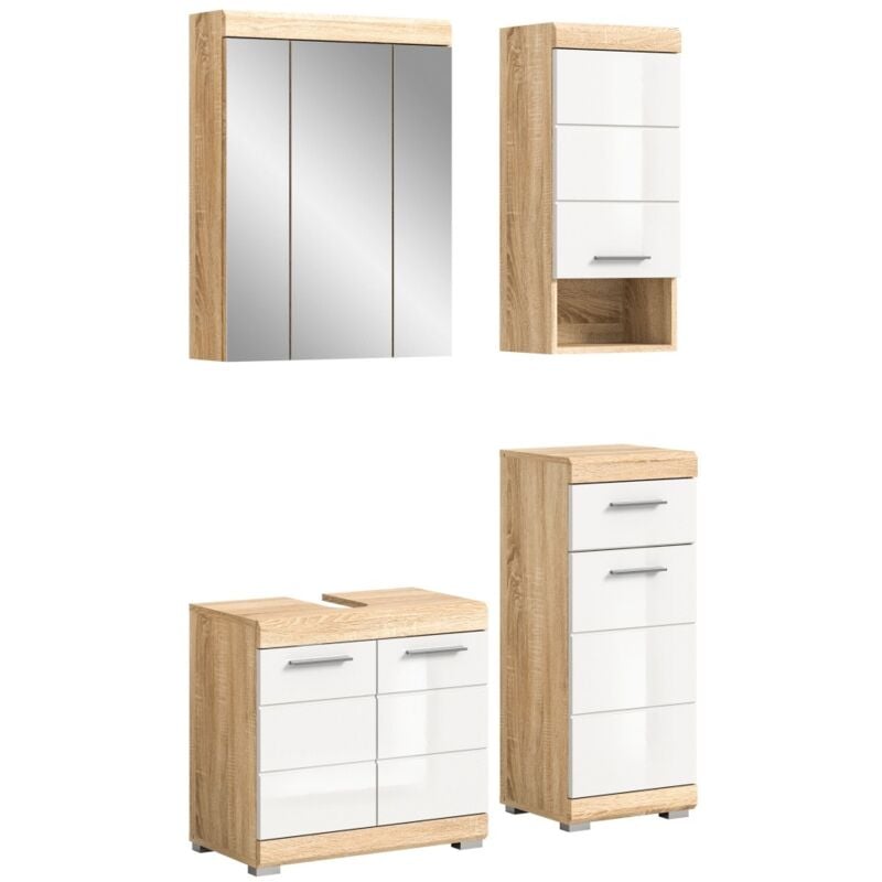 foto del prodotto meublorama set di mobili da bagno ridley mobile sotto lavabo, armadietto specchio, 2 mezze colonne bianco e rovere chiaro