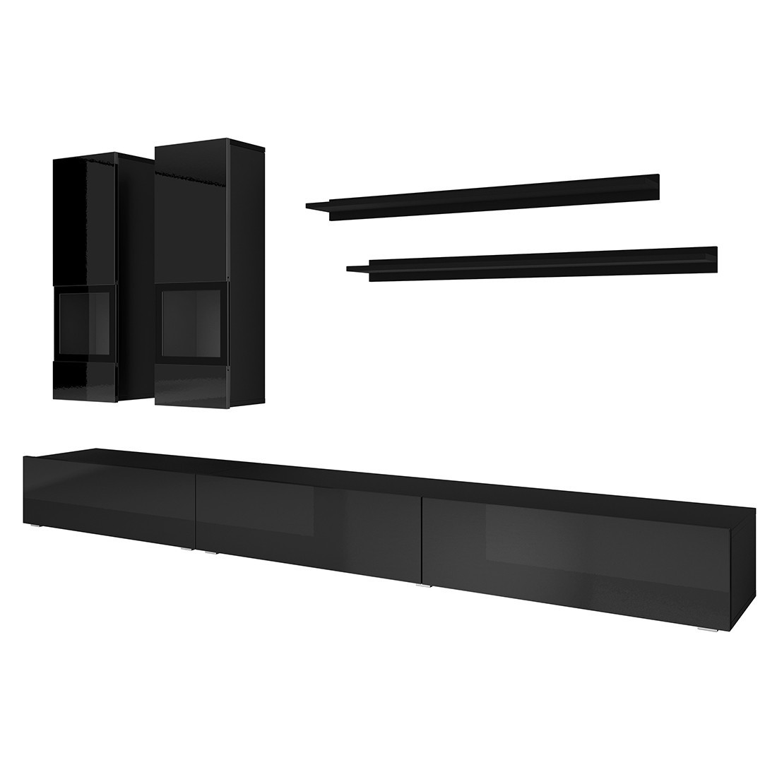 foto del prodotto meublorama set mobili da salotto collezione ramos. colore nero lucido. led integrati.