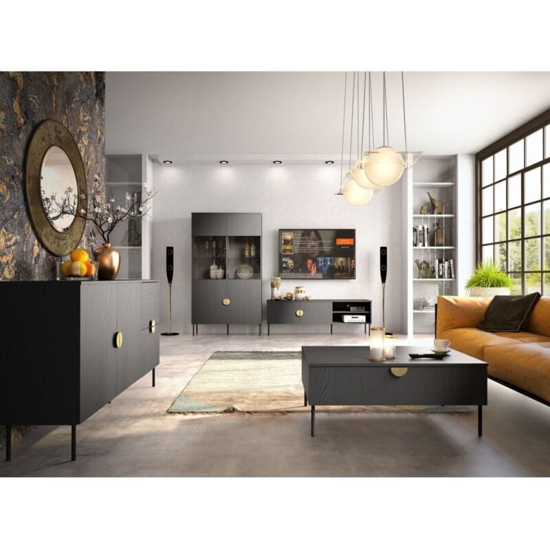 foto del prodotto meublorama set mobili soggiorno mobile tv, tavolino, credenza, vetrina, nero con maniglie dorate, collezione mondo