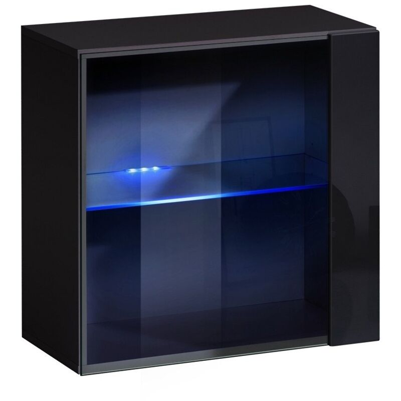 foto del prodotto meublorama vetrina nera quadrata sospesa con 1 porta a vetro e illuminazione led inclusa. collezione switch.