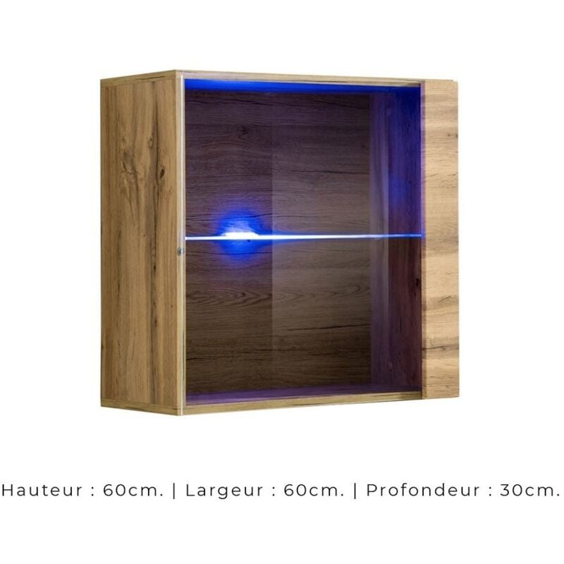 foto del prodotto meublorama vetrina quadrata sospesa in colore rovere chiaro con 1 porta a vetro e illuminazione led inclusa. collezione switch.