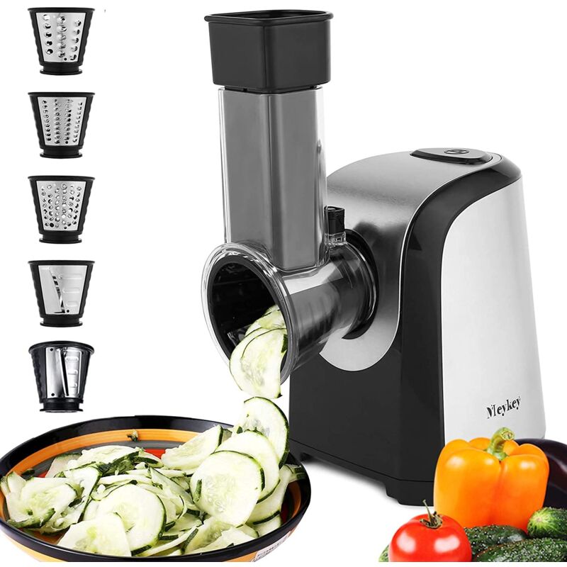 foto del prodotto meykey grattugia elettrica per frutta e verdura, taglierina per verdure da 150 w, grattugia elettrica con 4 accessori in acciaio inox, senza bpa