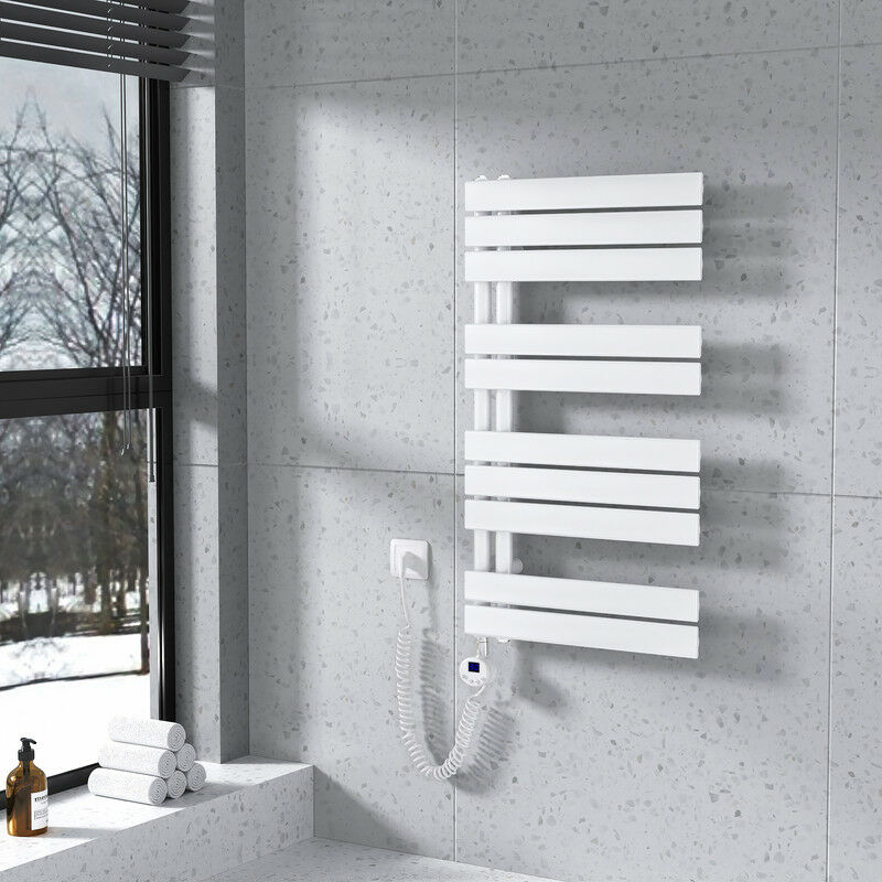 foto del prodotto meykoers scaldasalviette elettrico asimmetrica 899 x 500 mm bianco termoarredo con termostato digitale 400w collega laterale sinistro
