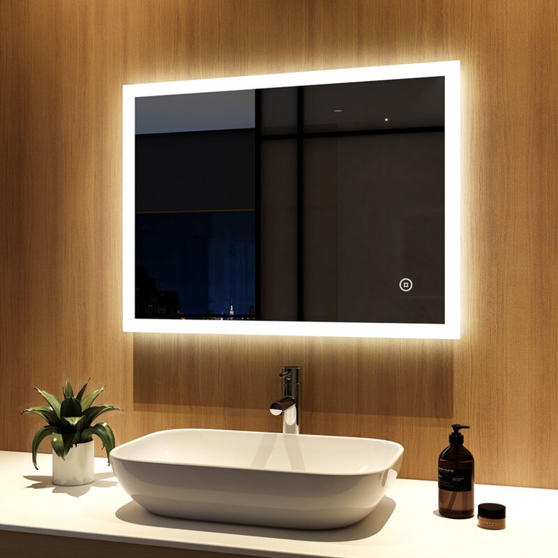 foto del prodotto meykoers specchio da bagno con 3 colori chiari 80x60cm led illuminazione specchio da parete con interruttore touch antiappannamento dimmerabile