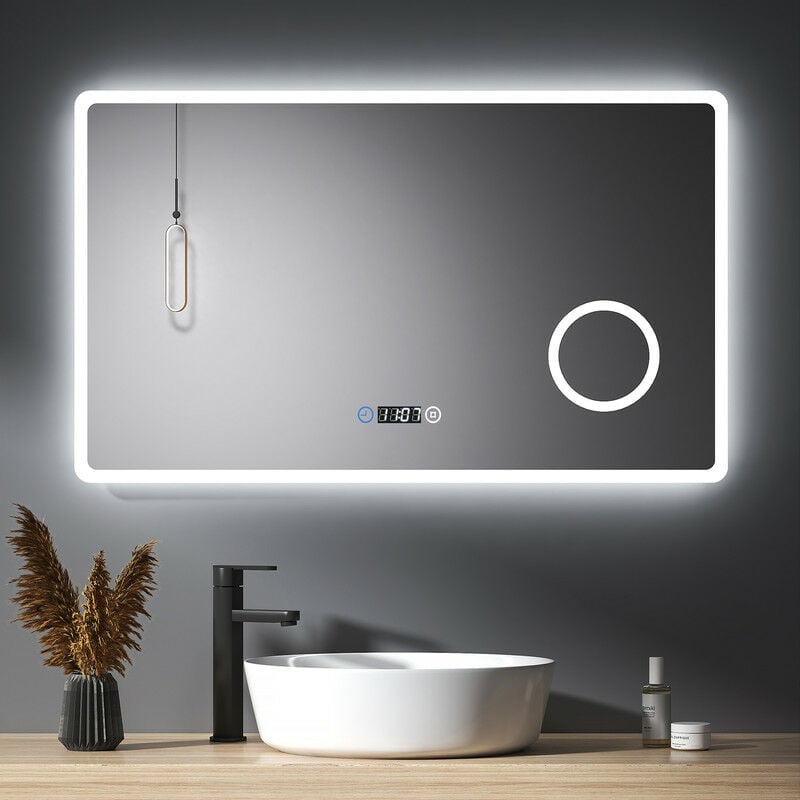 foto del prodotto meykoers specchio da bagno con illuminazione, retroilluminato specchio bagno 100 x 60 cm con orologio dimmerabile interruttore touch 