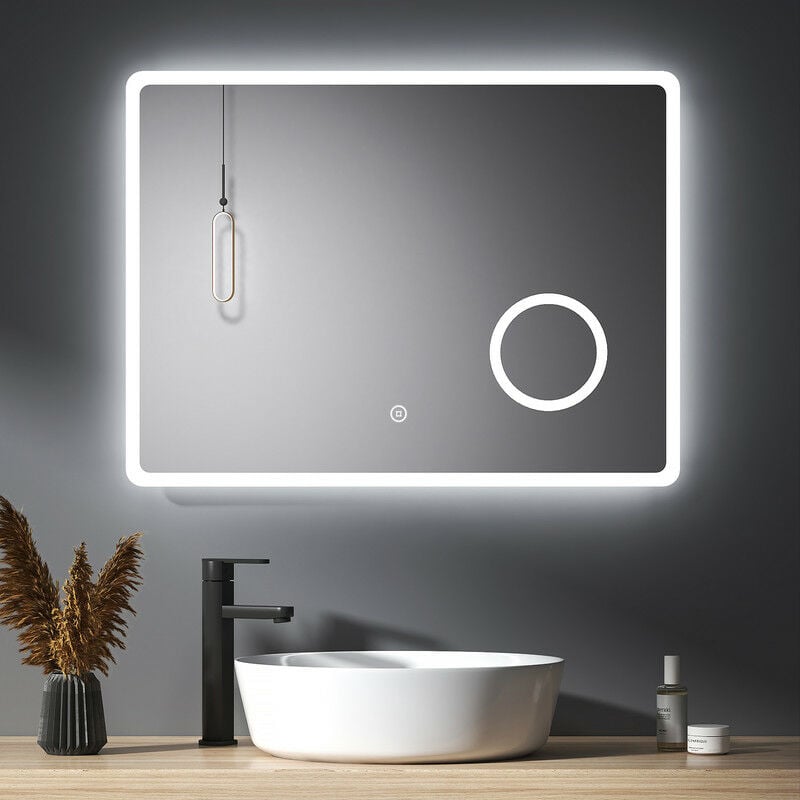 foto del prodotto meykoers specchio da bagno con illuminazione, retroilluminato specchio bagno 80 x 60 cm con ingrandimento 3x interruttore touch