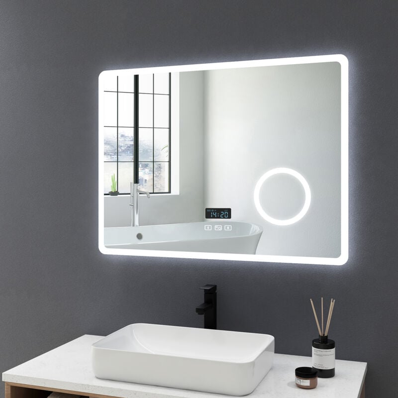 foto del prodotto meykoers specchio da bagno illuminazione led con antiappannamento, bluetooth, ingrandimento 3x e orologio 80x60cm specchio bagno, luce a 3 colori,