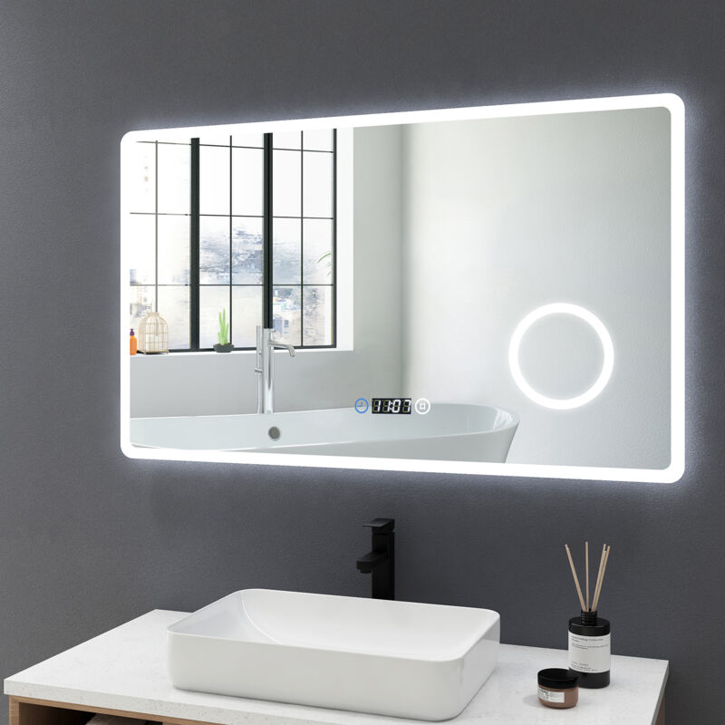 foto del prodotto meykoers specchio da bagno illuminazione led con ingrandimento 3x, interruttore tattile e orologio 100x60cm specchio bagno, luce a 3 colori, luce