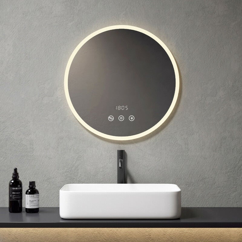 foto del prodotto meykoers specchio da bagno rotondo 60cm illuminazione led specchio da parete con interruttore touch antiappannamento bluetooth orologio 