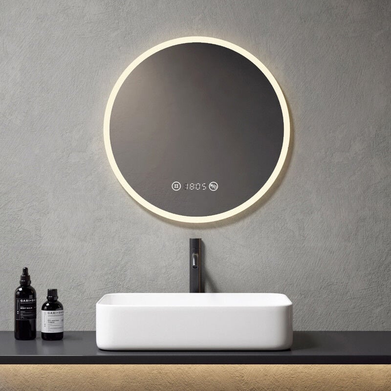 foto del prodotto meykoers specchio da bagno rotondo 60cm illuminazione led specchio da parete con interruttore touch antiappannamento orologio dimmerabile 