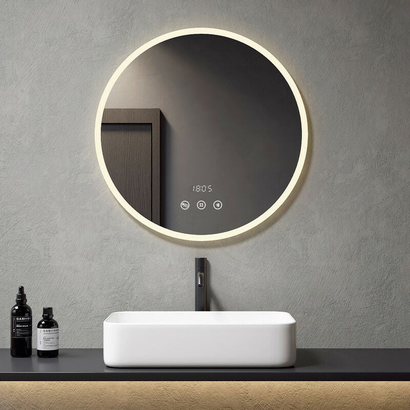 foto del prodotto meykoers specchio da bagno rotondo 70cm illuminazione led specchio da parete con interruttore touch antiappannamento bluetooth orologio 