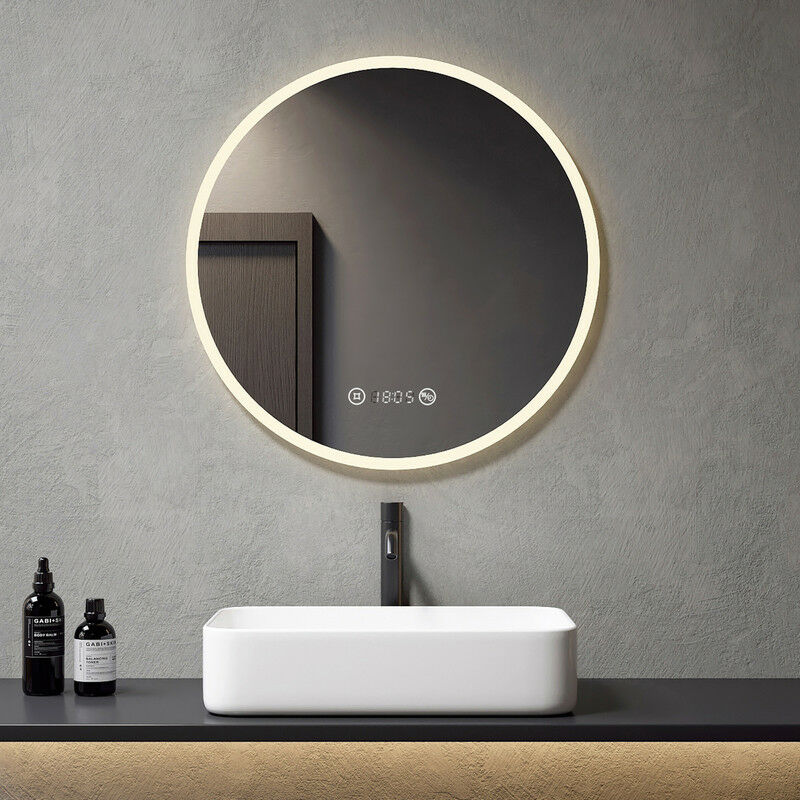 foto del prodotto meykoers specchio da bagno rotondo 70cm illuminazione led specchio da parete con interruttore touch antiappannamento orologio dimmerabile 