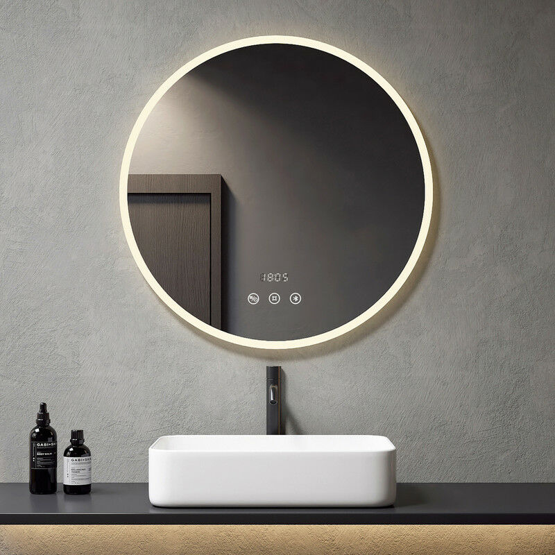 foto del prodotto meykoers specchio da bagno rotondo 80cm illuminazione led specchio da parete con interruttore touch antiappannamento bluetooth orologio 