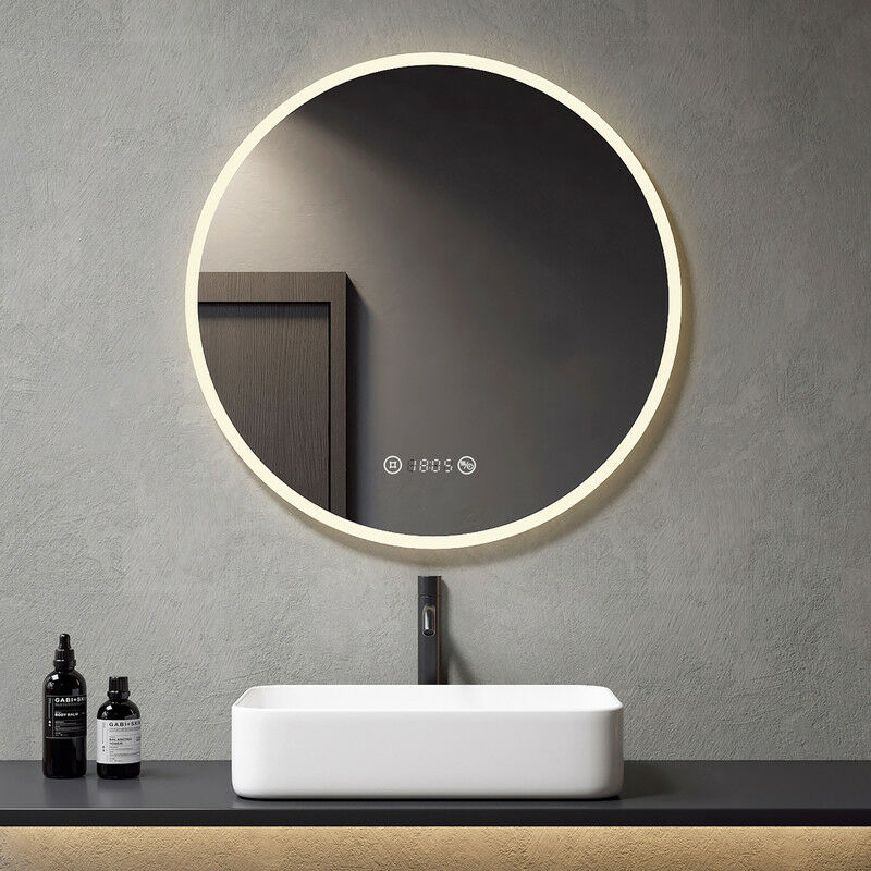 foto del prodotto meykoers specchio da bagno rotondo 80cm illuminazione led specchio da parete con interruttore touch antiappannamento orologio dimmerabile 