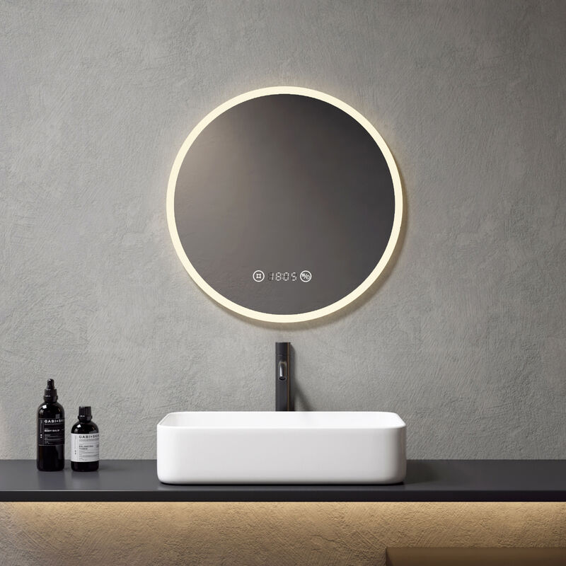 foto del prodotto meykoers specchio da bagno rotondo led con antiappannamento e orologio 60 cm, specchio da bagno con interruttore touch