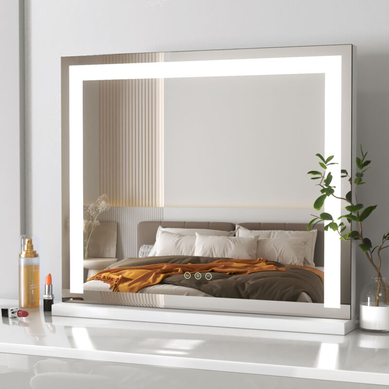 foto del prodotto meykoers - specchio per il trucco con led illuminato 60x52x12cm bianco hollywood vanity mirror con tocco e 3 colori regolabili
