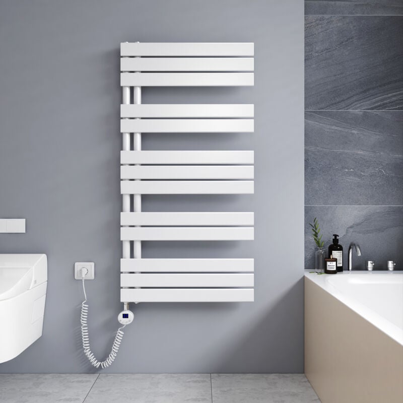 foto del prodotto meykoers termoarredo elettrico 1176 x 600 mm asimmetrica bianco scaldasalviette elettrico installazione laterale sinistro con termostato