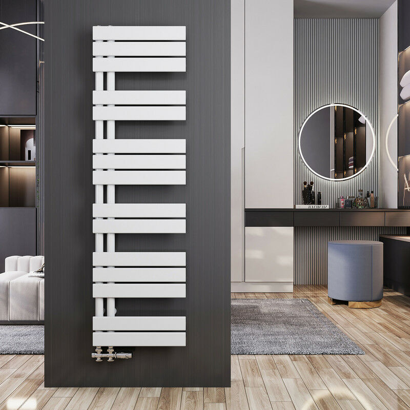 foto del prodotto meykoers termoarredo scaldasalviette 1385x400mm bianca asimmetrica scaldasalviette radiatore acqua calda, connessione laterale