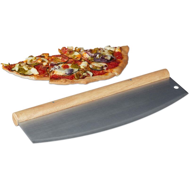 foto del prodotto mezzaluna tagliapizza, coltello per pizza acciaio inox con manico in legno, lama con custodia, argento relaxdays