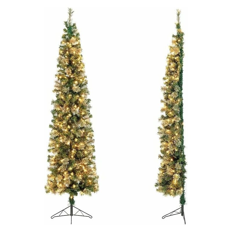 foto del prodotto mezzo albero di natale da parete 210 cm con luci led incorporate, rami foglie realistico in pvc, base pieghevole in metallo, e aghi di pino, 2 luci