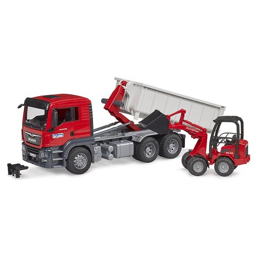 foto del prodotto mezzo cantiere bruder 03767 man camion tgs con container e ruspa schae