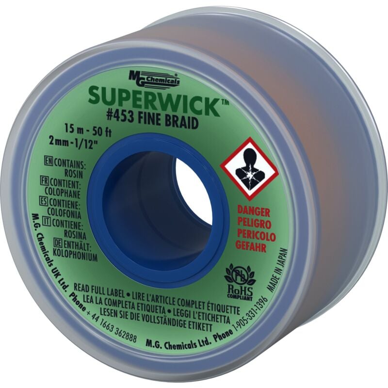 foto del prodotto mg chemicals 453 treccia dissaldante n.3 treccia fine super stoppino con flusso rma, lunghezza 50 x larghezza 0,075 , verde