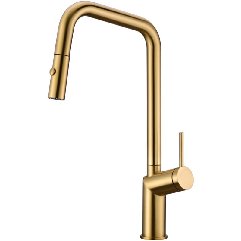 foto del prodotto mice collection - mice - rubinetto cucina - lavello monocomando estraibile con doccia doppio getto diffusore - bocca alta girevole 360 oro spazzolato