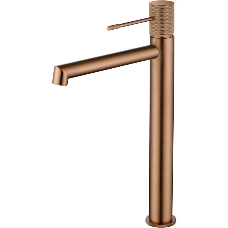foto del prodotto mice collection rubinetto monocomando per lavabo con bocca alta, rubinetto bagno alto per acqua calda fredda, colore oro rosa spazzolato.