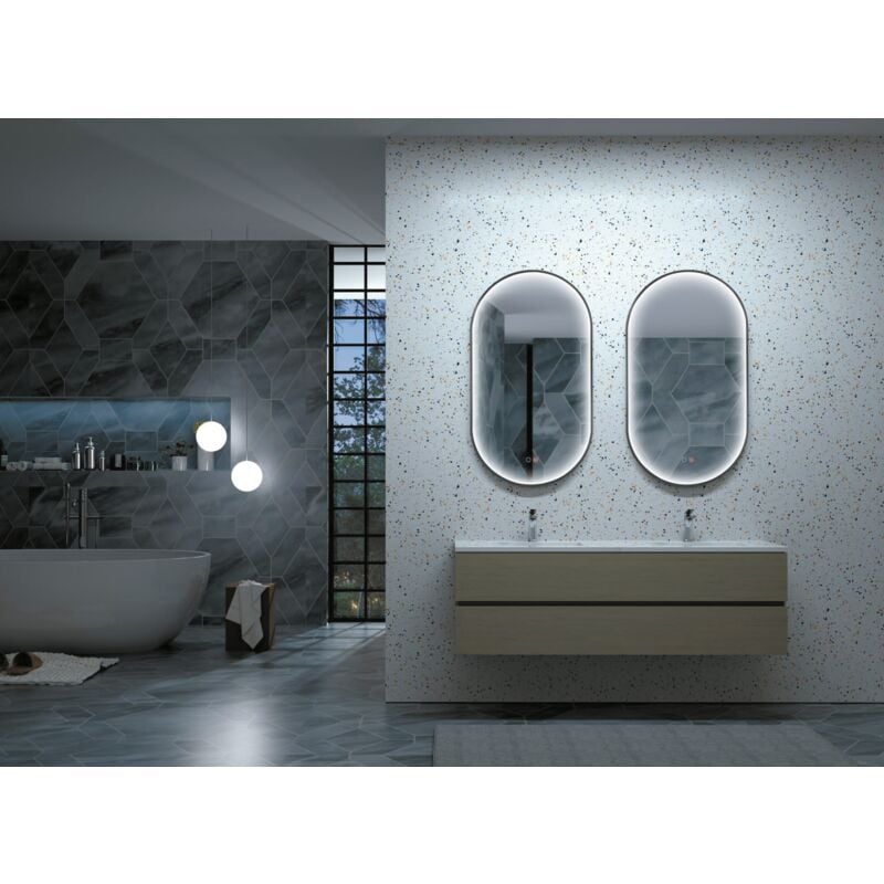 foto del prodotto mice collection specchi rotondi retroilluminati, contorno sabbiato, luce fredda, doppio sensore, antiappannamento specchio con luce led per