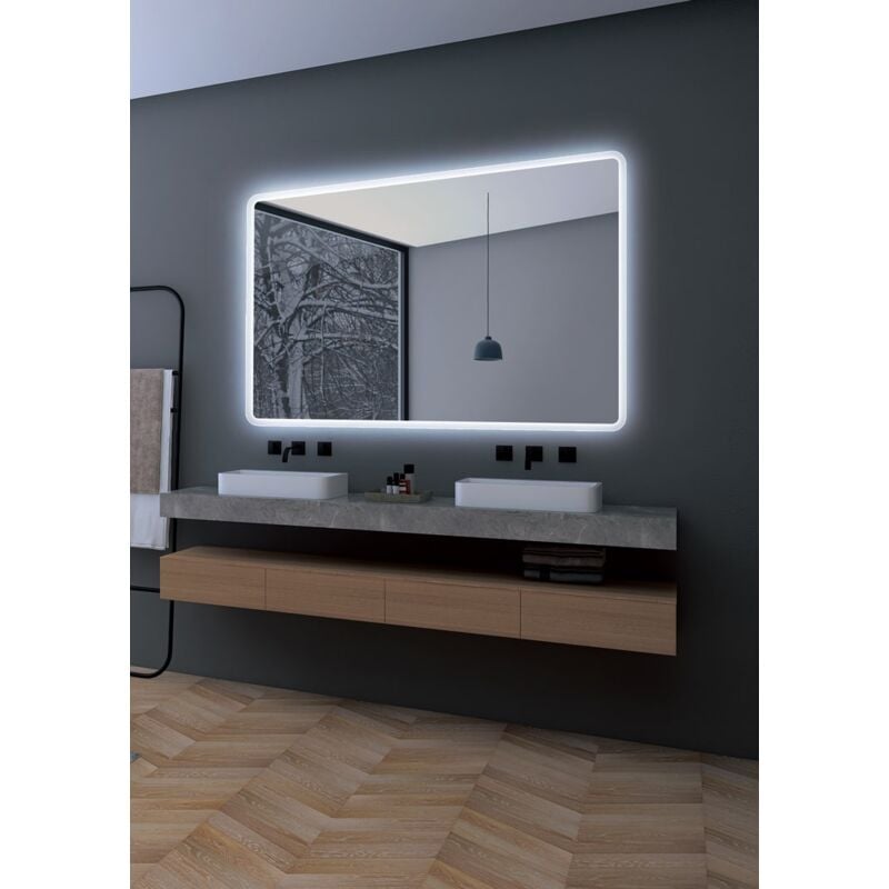 foto del prodotto mice collection specchio con luce led con bordi arrotondati, contorno sabbiato a luce fredda, doppio sensore antiappannamento specchi per bagno,