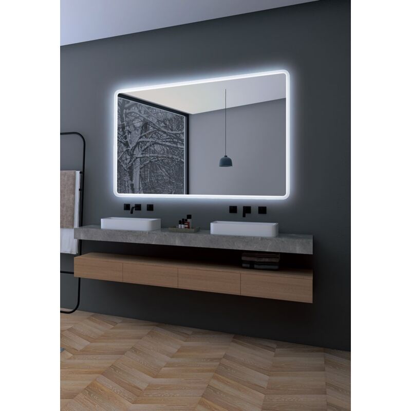 foto del prodotto mice collection specchio con luce led con bordi arrotondati, contorno sabbiato a luce fredda, doppio sensore antiappannamento specchi per bagno,