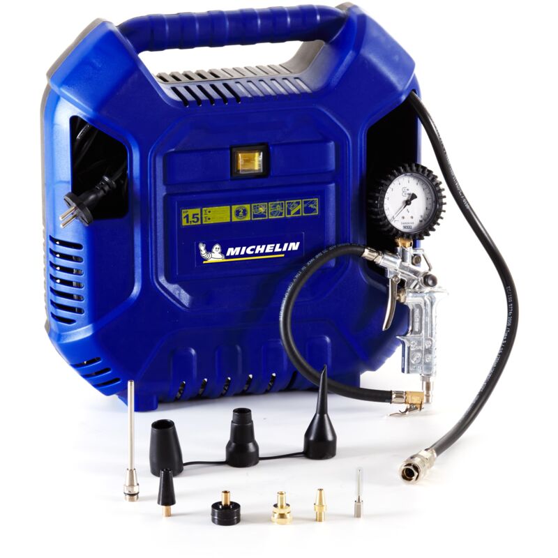 foto del prodotto michelin compressore d aria portatile mb1, compressore aria oil free con tubo flessibile 1m, pistola di gonfiaggio con manometro e 6 ugelli,