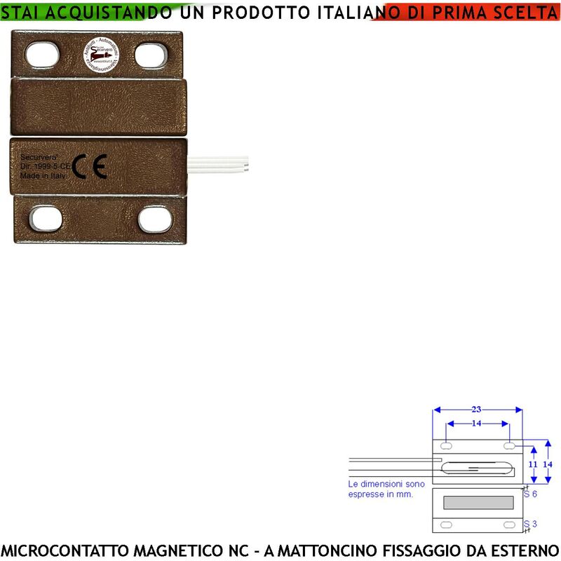 foto del prodotto micro contatto magnetico marrone allarme porte infissi contenitori con fori di fissaggio contatto reed nc in ampolla sottovuoto sensibilit magnetica